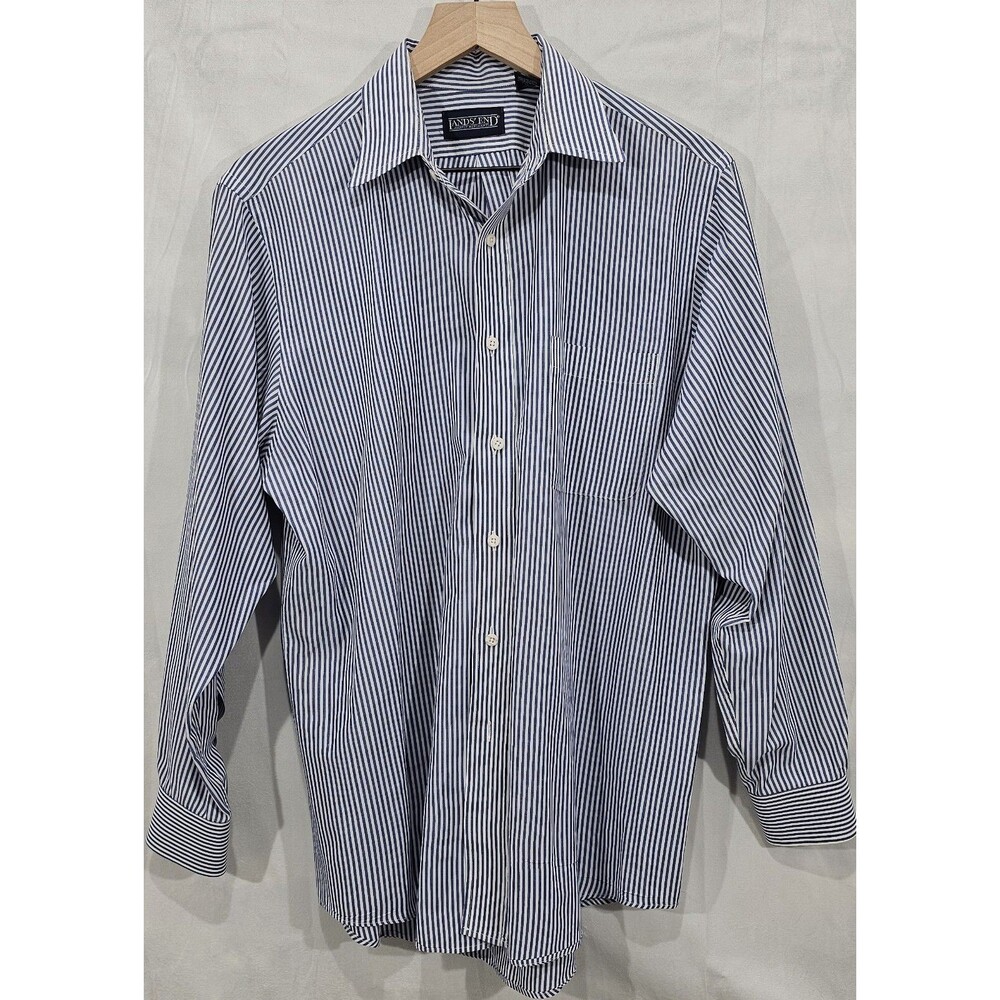 Vintage Lands End Mens Oxford Shirt 16/33 Striped Blue White 90s Made USA